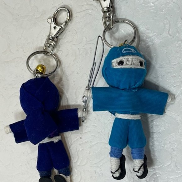 TWO Ninja String Doll Keychain Toys w/Swords Royal Blue/Blue 2.5" x 3" NEW - Picture 8 of 11